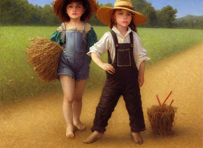 Prompt: a cute young scarecrow with a straw hat in overalls walking on a dirt road next to a large corn field by bouguereau, tom lovell, ross tran, jean baptiste monge