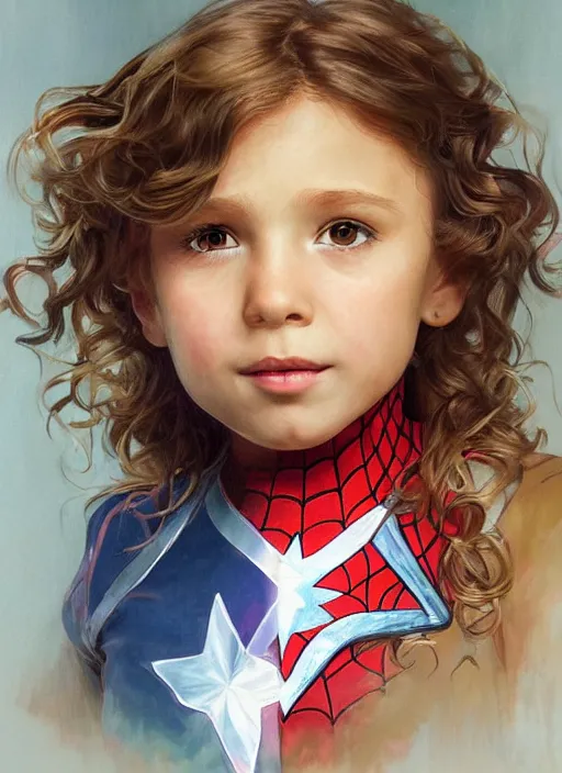 Image similar to a little girl with a mischievous face and light brown curly wavy hair. she is dressed as captain america, spiderman, batman, the flash, captain marvel, wonder woman, a superhero. clean elegant painting, beautiful detailed face. by artgerm and greg rutkowski and alphonse mucha