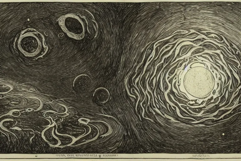 Image similar to Outside the ordered universeis that amorphous blight of nethermost confusion which blasphemes and bubbles at the center of all infinity—the boundless daemon sultan Azathoth, whose name no lips dare speak aloud, and who gnaws hungrily in inconceivable, unlighted chambers beyond time and space amidst the muffled, maddening beating of vile drums and the thin monotonous whine of accursed flutes.