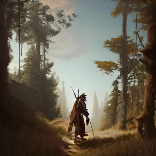 Prompt: native american indigenous man wearin traditional clothing walking to the left, facing sideways, greg rutkowski, detailed artwork, unreal engine