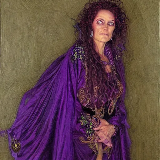 Prompt: portrait of a purple witch with golden embroidery, by donato giancola.