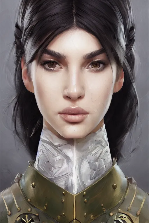 Image similar to a professionally painted portrait of an attractive young woman, clothed in military armor, olive skin, long dark hair, beautiful bone structure, symmetrical facial features, intricate, elegant, digital painting, trending on Artstation, concept art, smooth, sharp focus, illustration, from Metal Gear by Ruan Jia and Mandy Jurgens and Artgerm and William-Adolphe Bouguerea, award winning