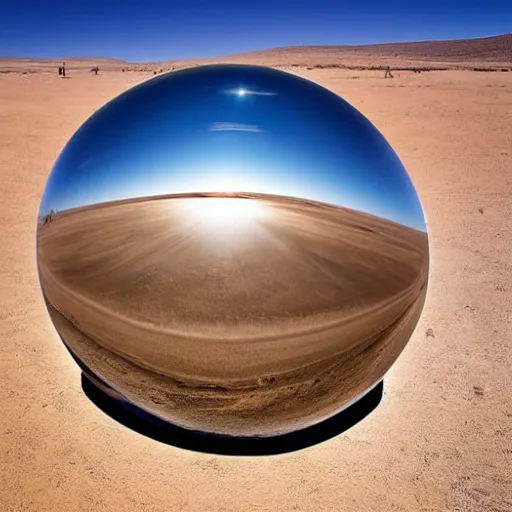 Image similar to an extremely detailed professional photo bright day of a large sphere with a mirrored surface on the ground in the gobi desert