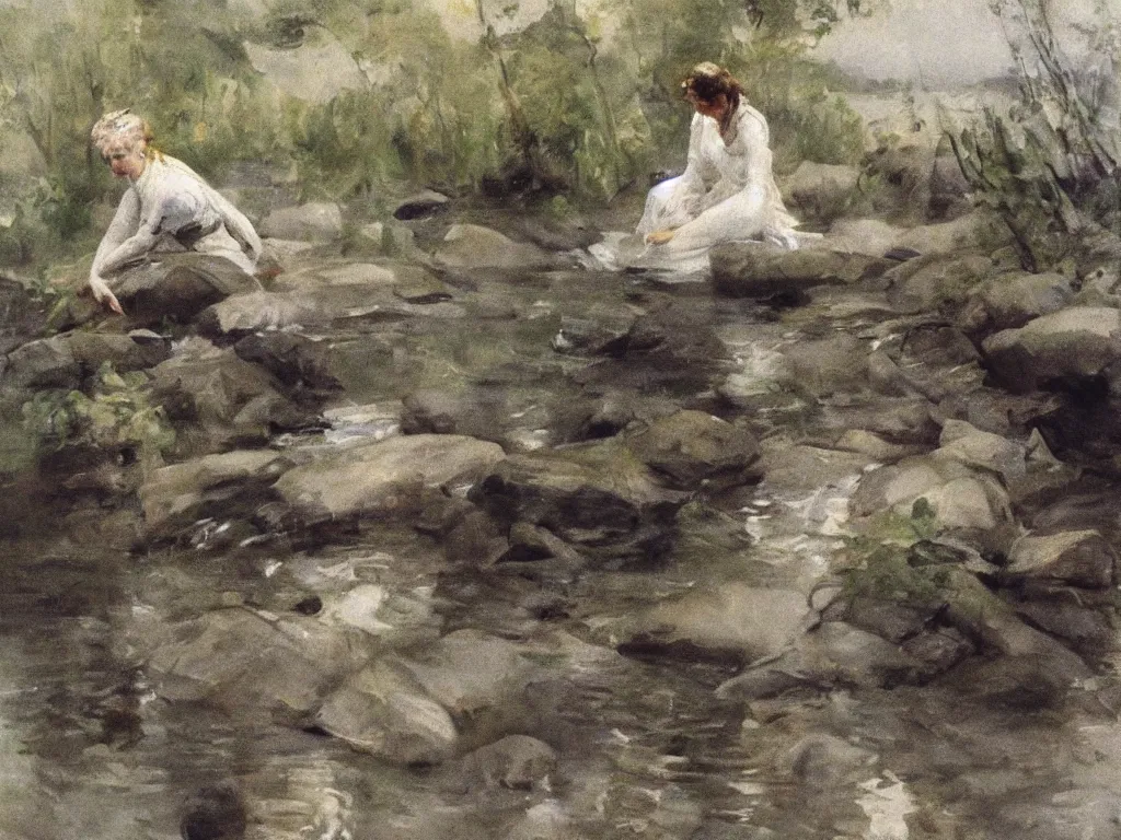 Image similar to Woman in the river. Painting by Anders Zorn