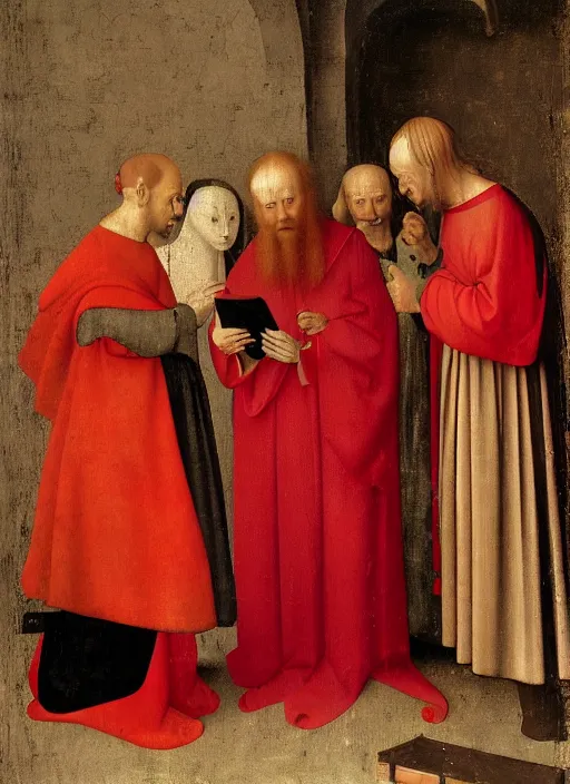 Prompt: fallen angels dressed in red reading the bible and arguing in Tuscany by Jan van Eyck, Hieronymus Bosch, Johannes Vermeer 4k post-processing, highly detailed medieval painting