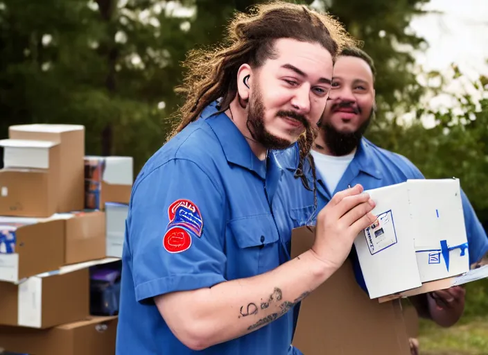 Image similar to dslr photo still of post malone as a postal worker mailman putting letters in mailbox and delivering packages to door, 8 k, 8 5 mm f 1 6