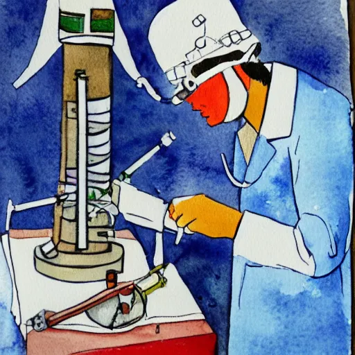 Prompt: doctor performing surgery on a rocket, watercolor painting