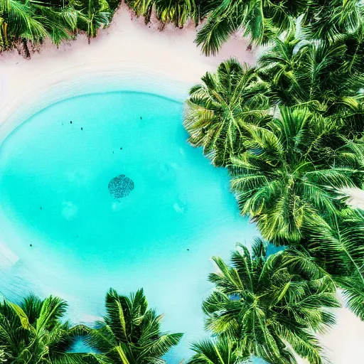 Image similar to high quality color aerial view photo of a tropical island with a sparkling pool and palm tree leaves on the edges, pastel faded effect, synthwave colors