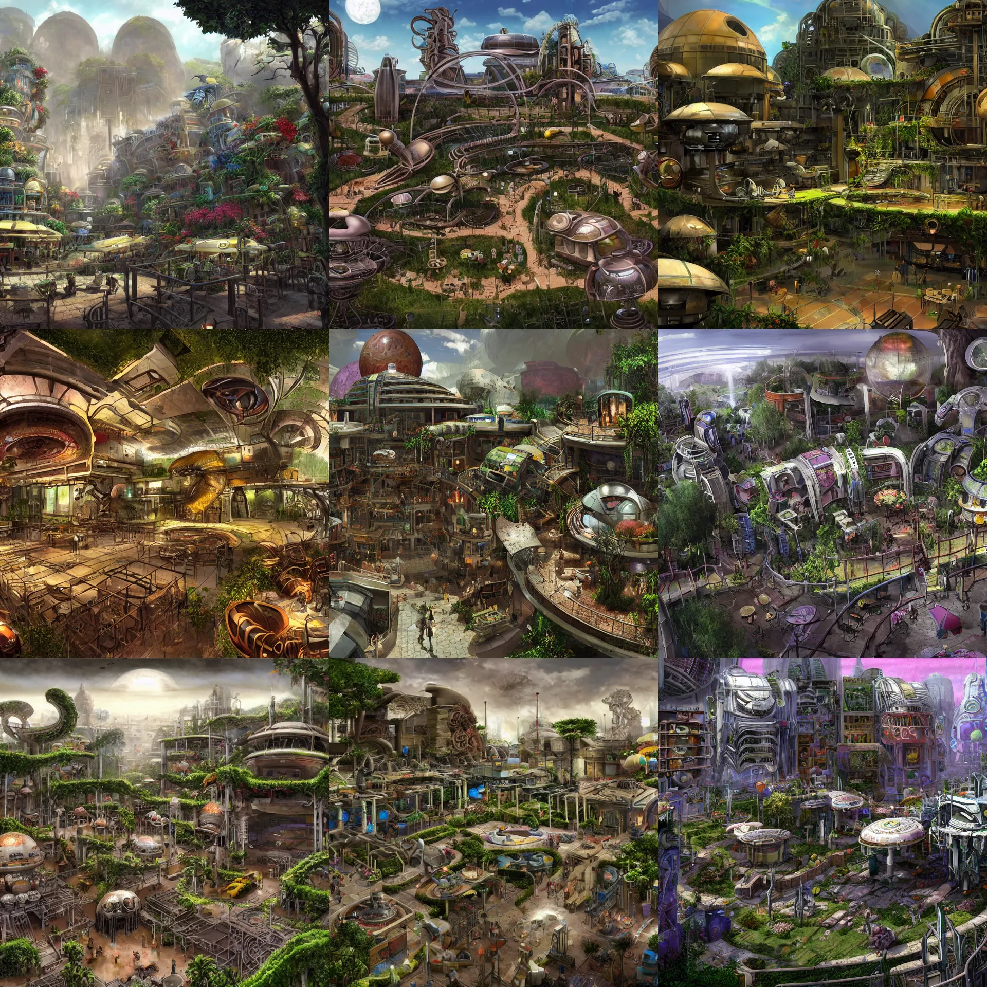 Prompt: in a open plaza area with a restaurant at the side, in the middle of a small colony, with buildings made from modular capsules, on an alien grassland, on an alien planet, from a space themed point and click 2 d graphic adventure game, set design inspired by hg giger and ridley scott and tomb raider, art inspired by thomas kinkade