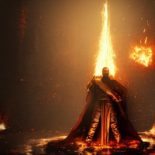 Image similar to kanye yeezus as a boss in dark souls, dark cinematic, volumetric, realistic, 3 d render, cinematic lighting, ray tracing, unreal engine 5, unreal engine render, octane render, hyper realistic, photo, 8 k