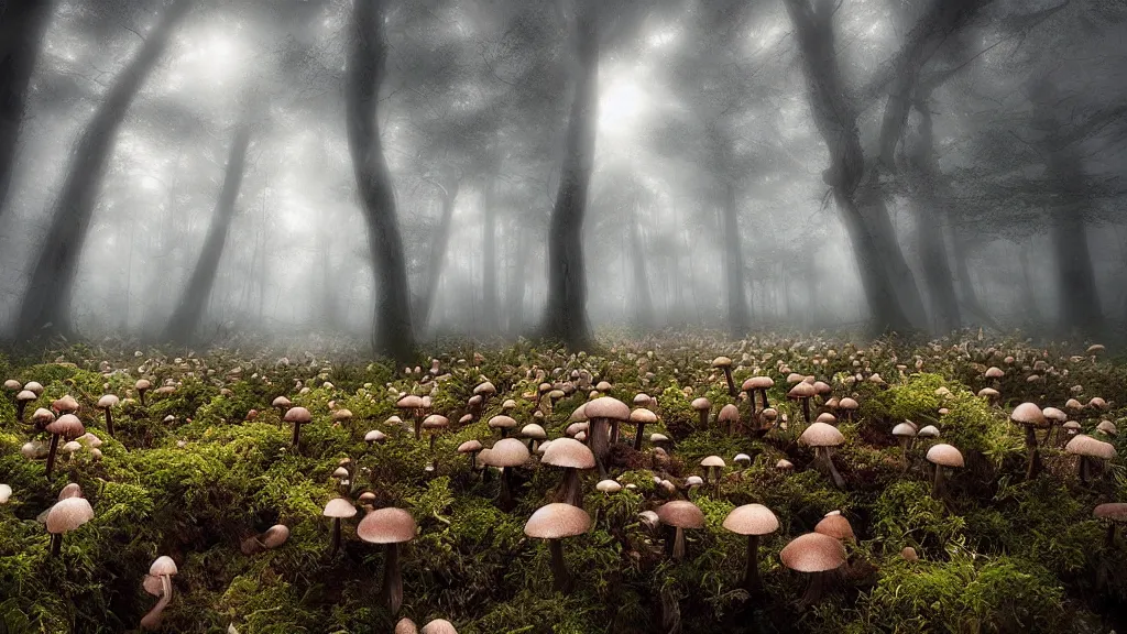 Image similar to amazing landscape photo of a forest of mushrooms by marc adamus, beautiful dramatic lighting