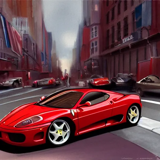 Image similar to 2 0 0 6 red ferrari 3 6 0 modena during golden hour, view of new york in warm light, highly detailed, artstation, concept art