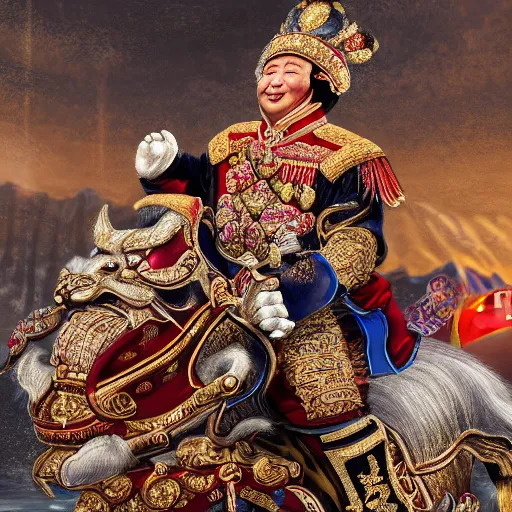 Image similar to an extremely realistic portrait depicting the coronation of xi jinping dressed in royal national costume, riding a hog on the frozen danube, close up, intricate, elegant, highly detailed, digital painting, artstation, concept art, smooth, sharp focus, illustration