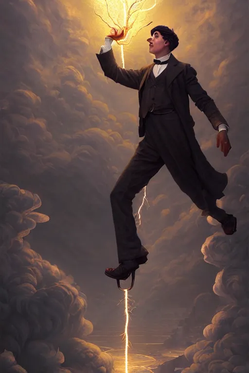 Image similar to highly detailed portrait of charlie chaplin as the god zeus holding thunder, stephen bliss, unreal engine, fantasy art by greg rutkowski, rhads, ferdinand knab, makoto shinkai and lois van baarle, ilya kuvshinov, rossdraws, tom bagshaw, global illumination, radiant light, detailed and intricate environment