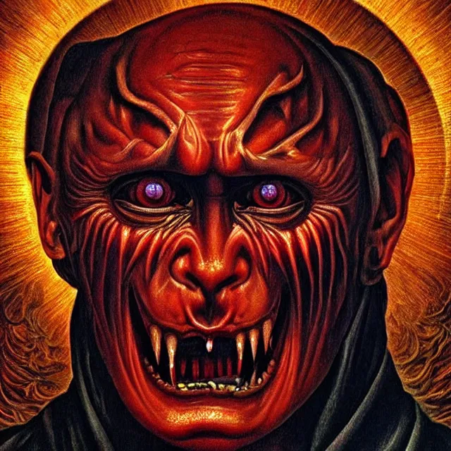 Prompt: shocked face of putin demon, bosch, hell, tears, hyper - realistic, sharp focus, depth of field, hyper - detailed visionary art, symmetric, hell, holy halo, dramatic ambient lighting, high detail, vibrant colors, the thing 1 9 8 2