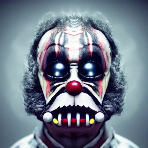 Image similar to photograph of clown darth vader hybrid, symmetrical front face portrait, by jean - baptiste monge, high quality, high resolution, 4 k, octane realphoto, raytrace, intricate, hyper detailed, hatd light studio lighting, dark background