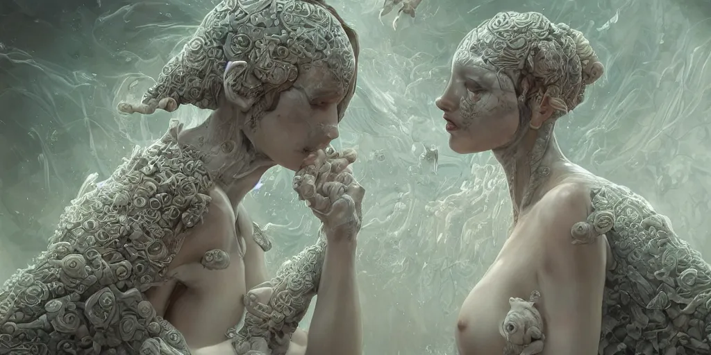 Prompt: hyperrealistic solarpunk photography of a highly detailed and symmetrical gorgeous cyborg nymph awash in a sea of milk in the style of beth cavener, jin kagetsu, james jean and wlop, face symmetry, masterpiece, award - winning, sharp focus, intricate concept art, ambient lighting, 8 k, artstation