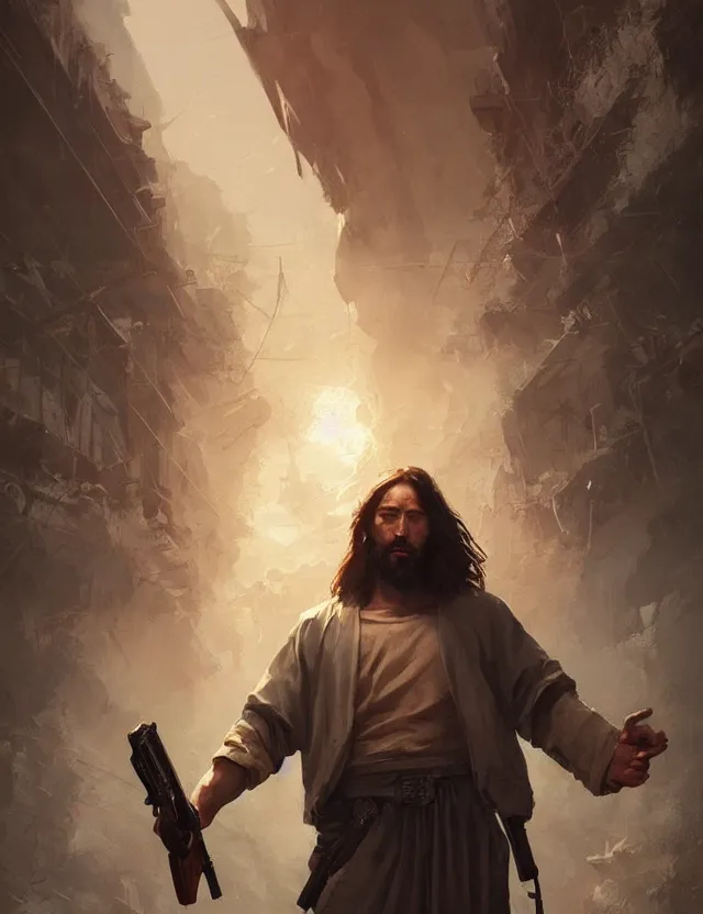 Image similar to jesus with a shotgun, cinematic lighting, highly detailed, concept art, art by wlop and artgerm and greg rutkowski, masterpiece, trending on artstation,