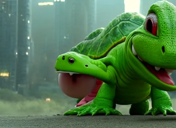 Image similar to film still of yoshi in the new sci - fi movie, cute upright standing upright upright dinosaur standing on its hind legs with a small turtle shell and long tongue, 8 k