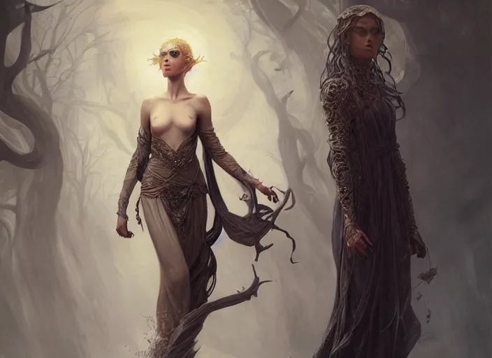 Prompt: beautiful elvish witch, full body, high fashion, fantasy, fantastical, intricate, elegant, highly detailed, digital painting, art station, concept art, smooth, sharp focus, oil painting, art by caravaggio and greg rutkowski and klimt