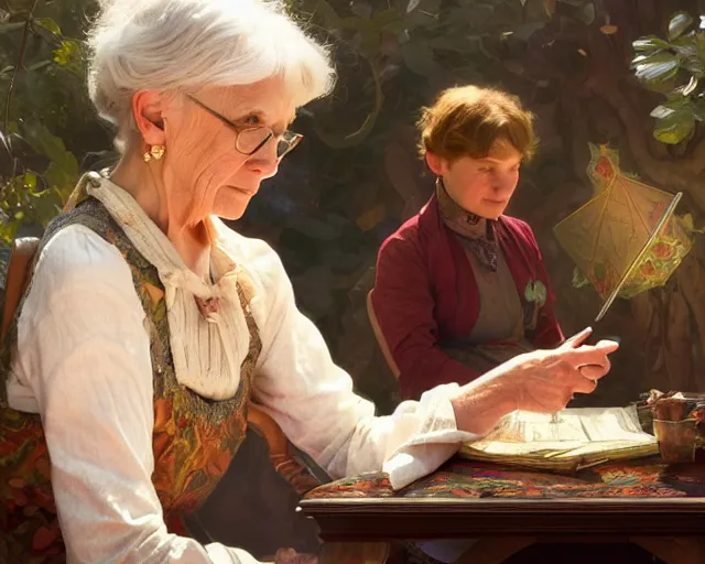 Image similar to photography of grandma moses, deep focus, d & d, fantasy, intricate, elegant, highly detailed, digital painting, artstation, concept art, matte, sharp focus, illustration, hearthstone, art by artgerm and greg rutkowski and alphonse mucha