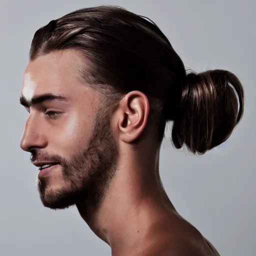Image similar to a skinny young white male with a dark brown man bun for hair no facial hair. H 704