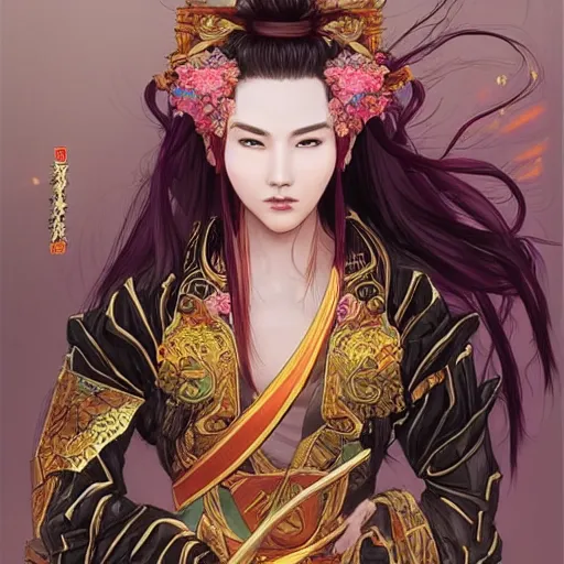 Prompt: An epic fantasy comic book style portrait painting of a gorgeous sword dance Chinese costume woman , by WLOP trending on pinterest and artbreeder, long hair, smoke, flowers rain everywhere, full body XIANXIA, Chinese temple, depth of field by Yoji Shinkawa 4k