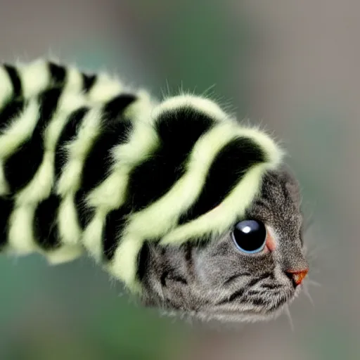 Prompt: a fuzzy caterpillar with the face of a cat