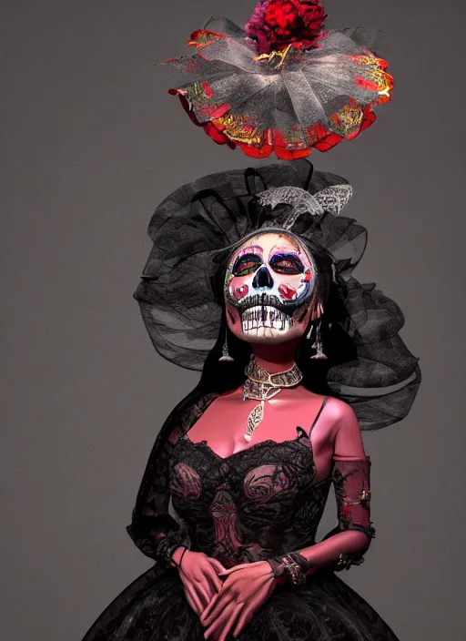 Prompt: a Photorealistic dramatic hyper realistic render of a glamorous Mexican Catrina, smoke by Ken Brower and Deborah Ory, Lois Greenfield, Beautiful dynamic dramatic dark moody lighting, volumetric, shadows, cinematic atmosphere, Octane render, 8K