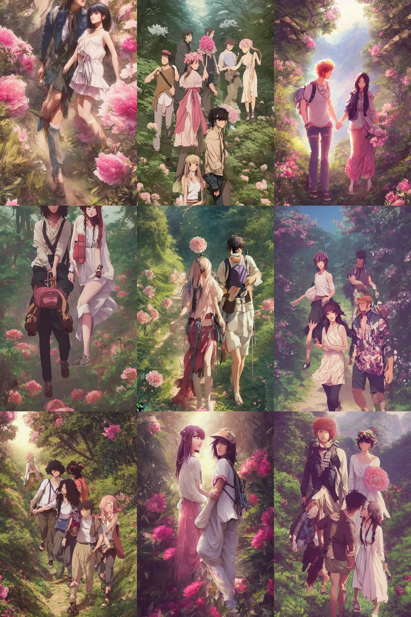 Image similar to a cinematic boy girl traditional romance moment of a group of university friends hiking wearing boho clothing and peonies, full body illustration,bestselling movie art poster, official media, 1970s fashion, official anime media, incredible art by artgerm and greg rutkowski and doja cat