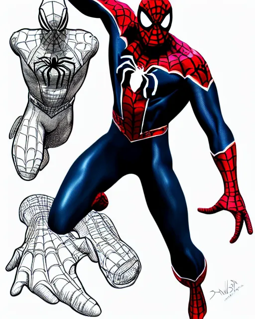 Image similar to photorealistic, hyperdetailed sketch of black spider - man suit with white webbing