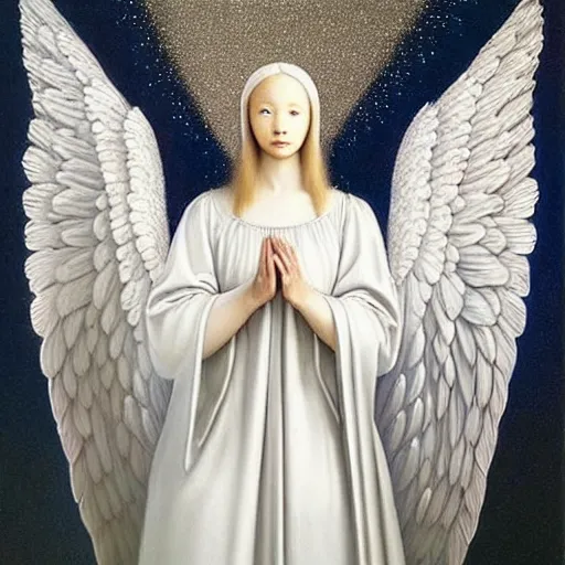 Image similar to highdetailed hyperrealistic painting of white angel!!! no gender smiling noface!!!, light instead of hands, white sparkles everywhere, 4 k hd face!!!, big silver high detailed wings!!!, renaissance, by jan van eyck, holography space, glow effect, large strokes, monochrome!!!!!