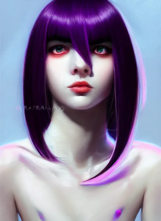 Image similar to hair whitebangs hair, black hair, whitebangs, portrait of teenage girl with white bangs, red irises, purple clothes, white bangs, bangs are different color from hair, intricate, elegant, glowing lights, highly detailed, digital painting, artstation, concept art, smooth, sharp focus, illustration, art by wlop, mars ravelo and greg rutkowski