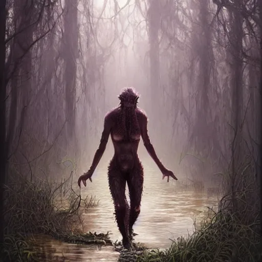 Image similar to happy lovecraftian swamp monster walking through swamp with tentacles by tom bagshaw and krenz cushart