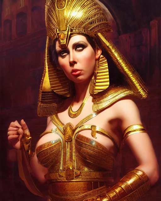 Prompt: Gianna Michaels as a beautiful egyptian princess, gorgeous, portrait, Symmetrical, powerful, intricate, beautiful, masterpiece, elegant, volumetric lighting, highly detailed, artstation, sharp focus, no cropping, illustration, Jean-Leon Gerome , ruan jia