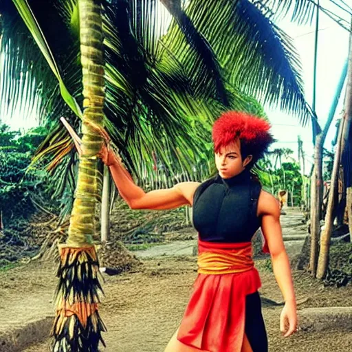 Image similar to Saiyan warrior girl, muscular girl, wild spiky black electrified hair, wearing kung fu uniform, walking through Bali, 1977, tropical palm trees, colorized