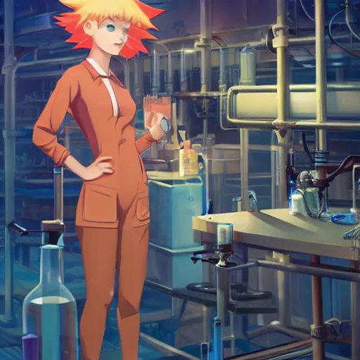 Image similar to British Pokemon original character with peach colored hair and heterochromia, Pixar style, beautiful woman, scientist, standing in a lab in front of a giant containment liquid filled tank, by Tristan Eaton Stanley Artgerm and Tom Bagshaw, Makoto Shinkai ilya kuvshinov and Wojtek Fus