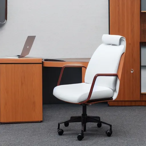 Image similar to office hair with white leather seat, circular curved wooden back, wheels, professional photography, 8k