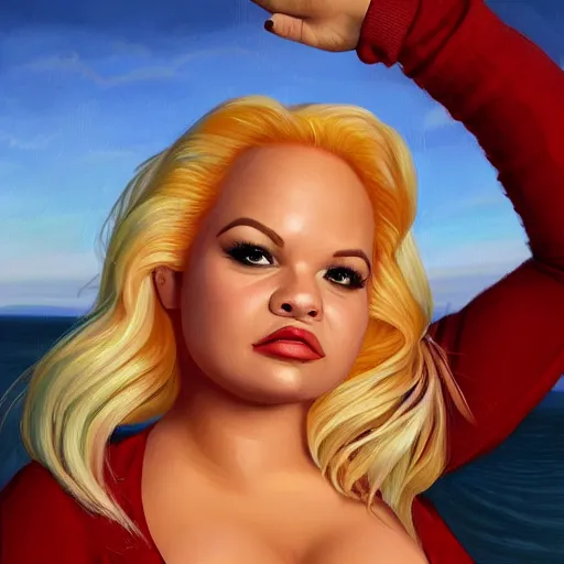 Image similar to clear portrait of trisha paytas, adorable appearance!!!, golden hour, happy apearance, cottagecore!!, background hyper detailed, character concept, full body, dynamic pose, intricate, elegant, highly detailed, digital painting, artstation, concept art, smooth, sharp focus, illustration, art by artgerm and greg rutkowski and alphonse mucha