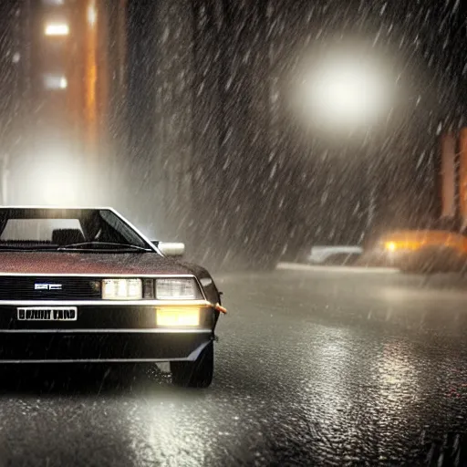 Image similar to hyperdetailed, photorealistic photograph of a dmc 1 2 delorean driving in the streets, rain, night, dense fog, hd, unreal engine 5