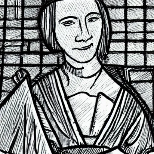 Prompt: drawing of a medieval lady sitting in front of a computer screen, detailed face