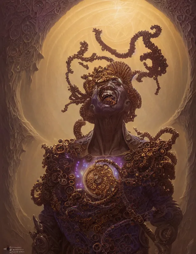 Image similar to front shot of a court jester character, hyperdimensional, bioluminescent hypercubes, ((intricate)), elegant, highly detailed, centered, (((artstation, concept art, smooth, sharp focus, artgerm, Tomasz Alen Kopera, Peter Mohrbacher, donato giancola, Joseph Christian Leyendecker, WLOP, Boris Vallejo))), mugshot!!!!!, ugly!!!!!!, octane render, nvidia raytracing demo, grainy, muted, 8K, digitalblasphemy