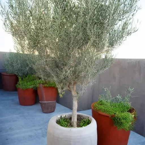 Image similar to large concrete pot on the rooftop, olive trees, comfortable for seating