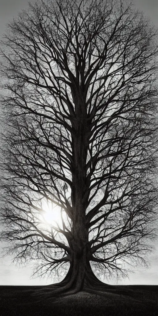 Image similar to the world tree standing tall on a lonely hill, photorealism, sunshaft