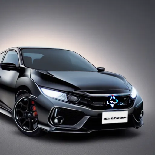 Image similar to incredible digital painting of a honda civic, black, mk 1 0 license plate, stealth, night mode, spoiler, lights, custom exhaust, wing mirrors, carbon fibre, valance splitter, sports, wheel spacers, japanese, power, sleek, electric, petrol, high detail, 8 k resolution