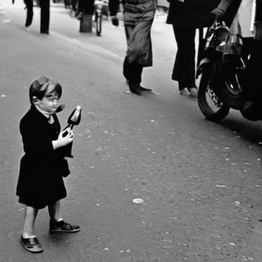 Image similar to the boy holding wine bottle in paris street, by henri cartier bresson,