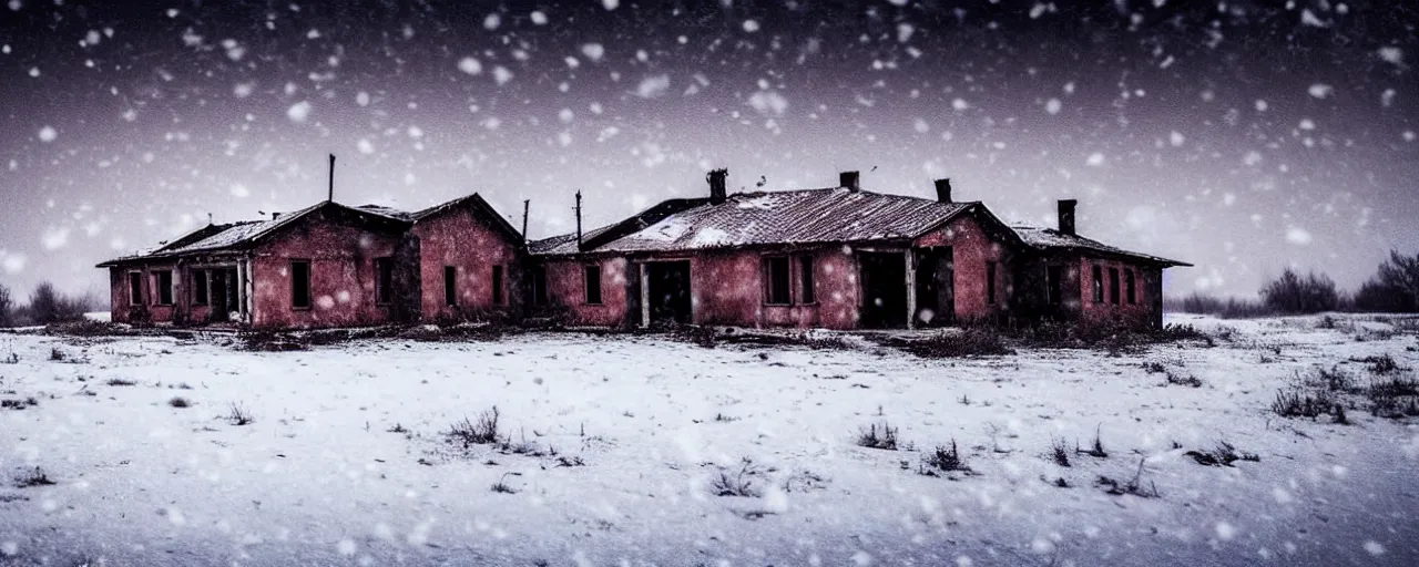 Image similar to landscape, soviet military, abandoned lifeless house, dark winter evening, snowing, atmospheric, mystical, very detailed 4 k