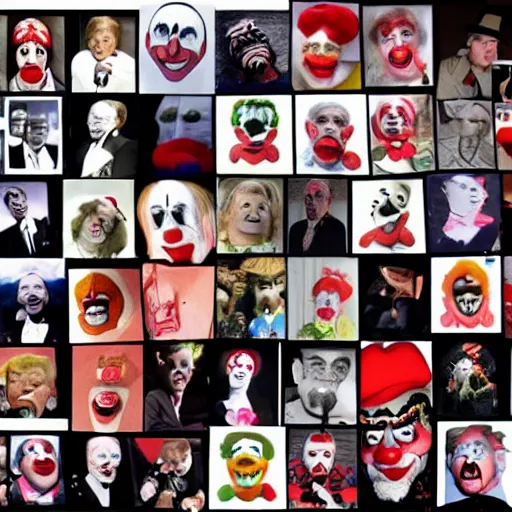 Prompt: a collage of clown pictures that make donald trumps face