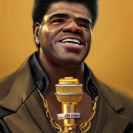 Prompt: highly detailed portrait of James Brown big wearing a gold crown and gold chains and holding a microphone, realistic portrait, symmetrical, highly detailed, digital painting, artstation, concept art, smooth, sharp focus, illustration, cinematic lighting, art by artgerm and greg rutkowski and alphonse mucha