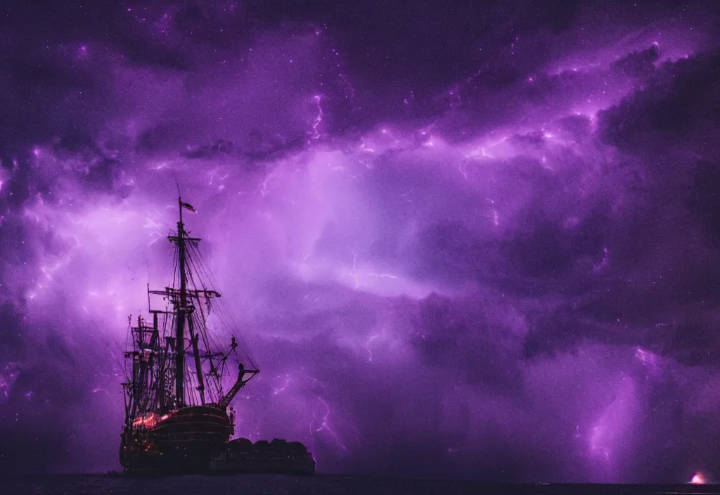 Image similar to purple color lighting storm with stormy sea, pirate ship firing its cannons real life trippy nebula sky 50mm shot